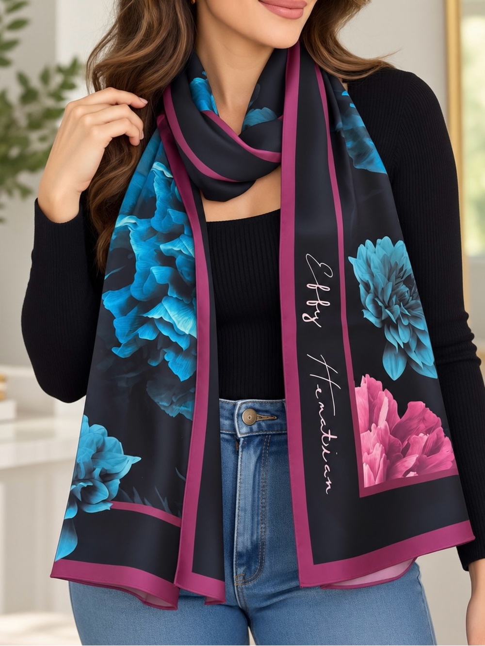 Effy Hematian Black Scarf with Blue & Pink Floral Print and Magenta Trim